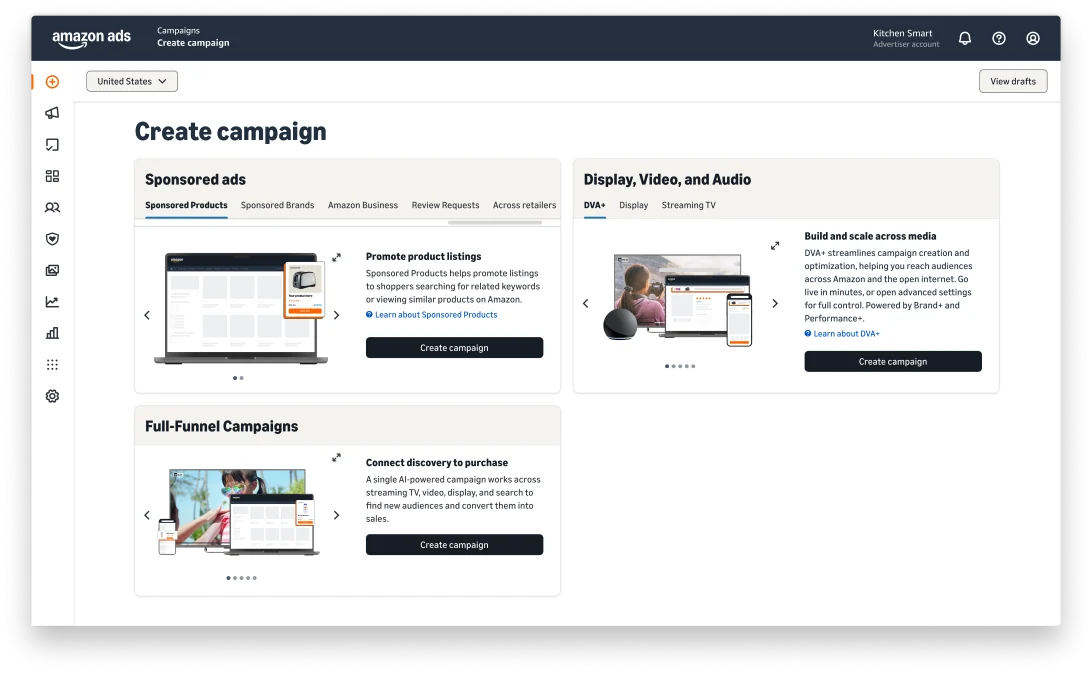 نمای رسمی پلتفرم Amazon Ads Agent با منوی کمپین‌ها و پنجره گفت‌وگوی هوش مصنوعی