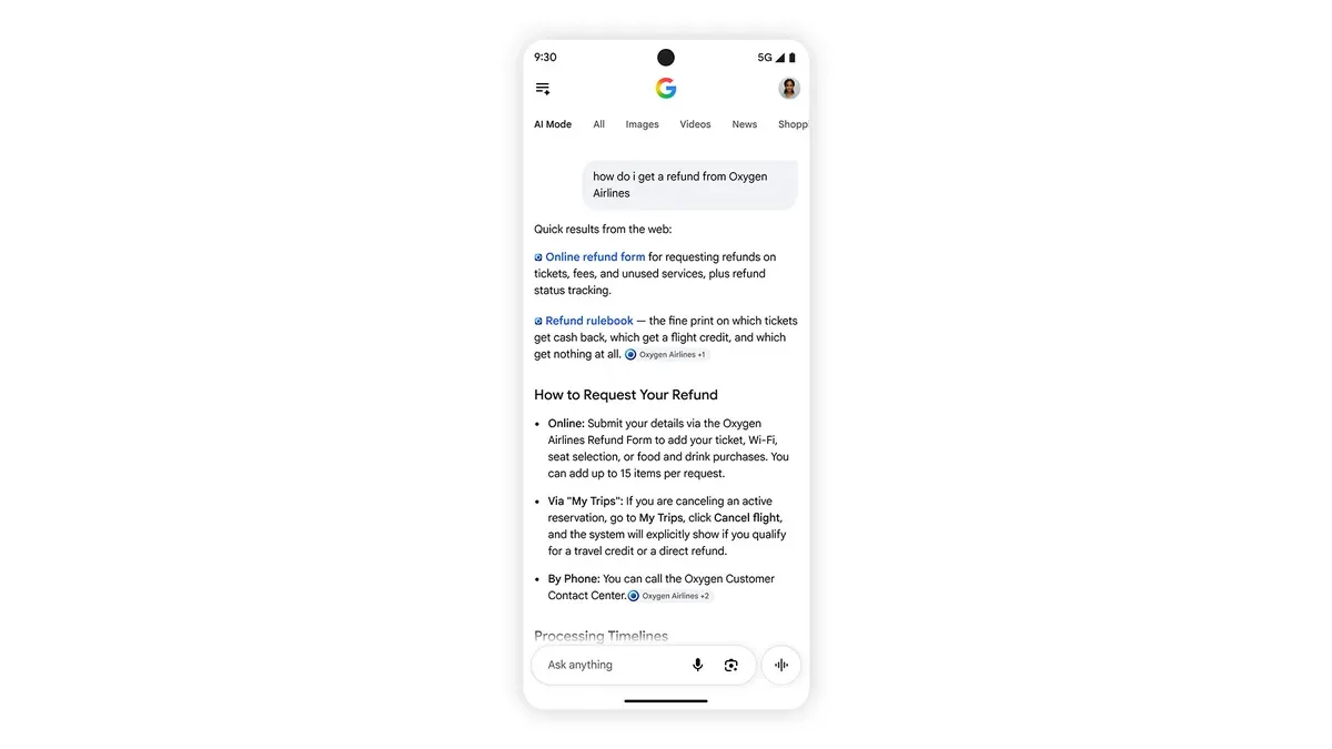 نمونه رسمی رابط AI Mode گوگل با لینک مستقیم فرم بازپرداخت در پاسخ
