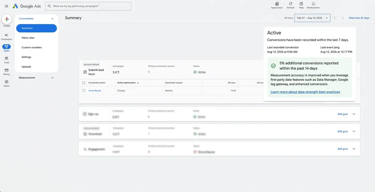 نمونه رسمی رابط Google Ads با کارت Data Strength Uplift و تبدیل‌های گزارش‌شده